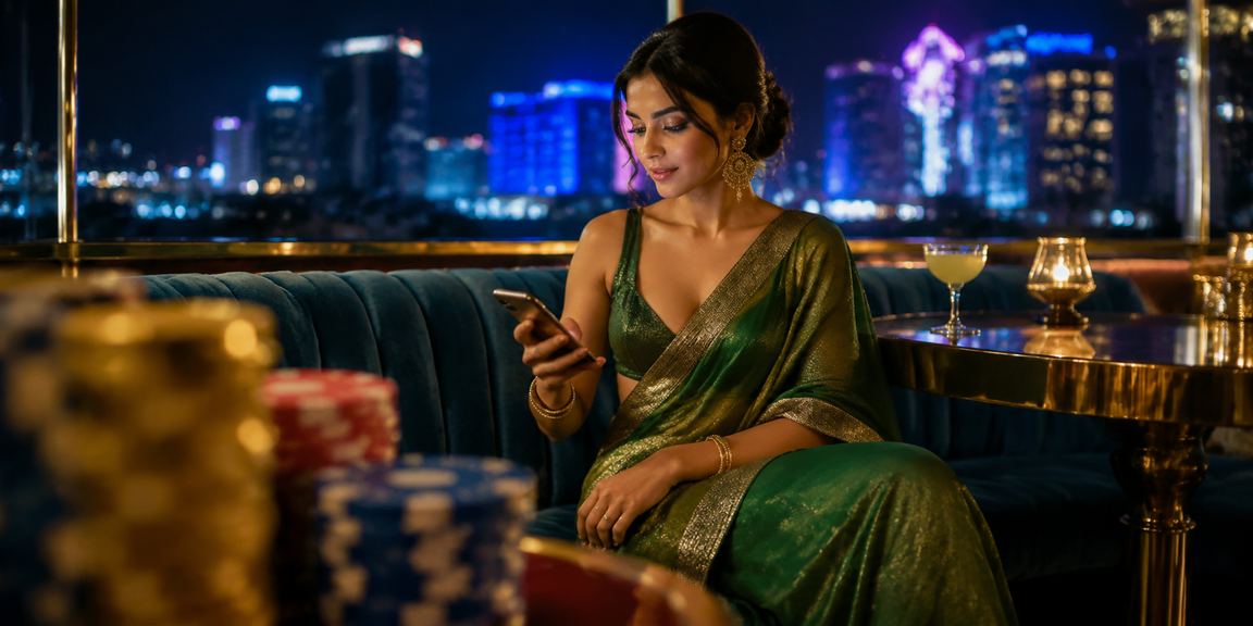 Bengaluru enthusiast in saree playing online Indian card games like Rummy on mobile