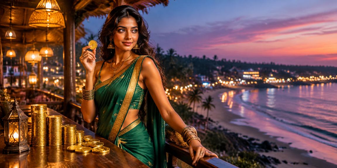 Woman in Goa beach sari playing mobile Rummy game during sunset
