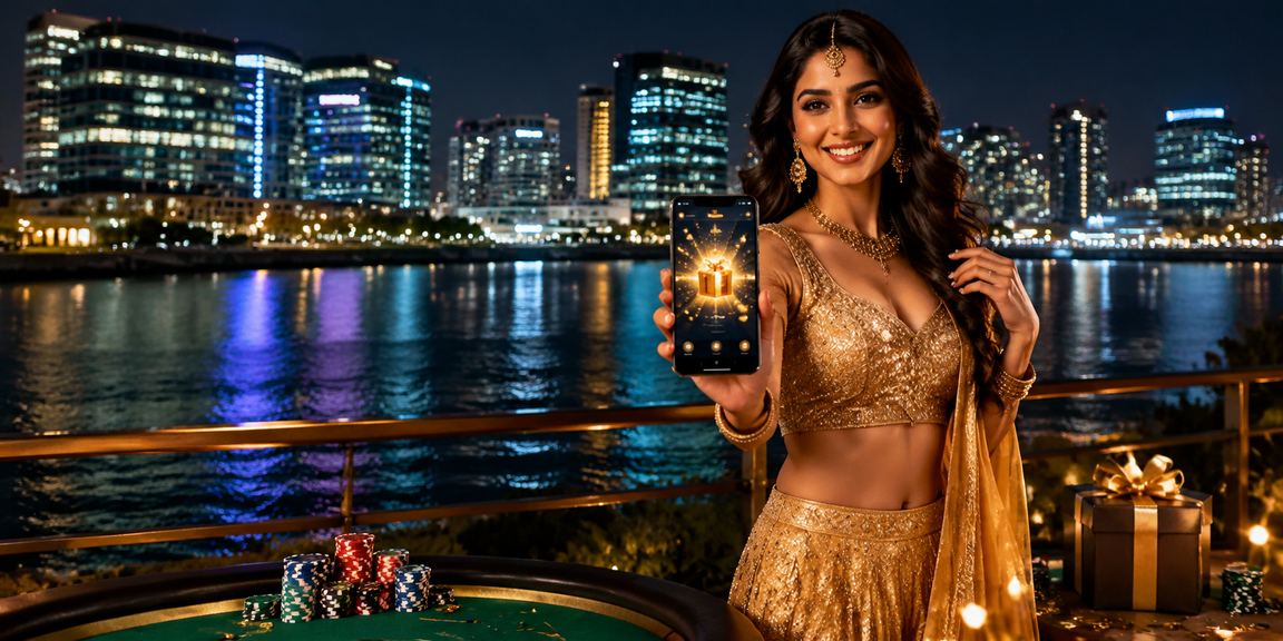 Indian woman celebrating a cricket betting win in traditional attire in Lehenga