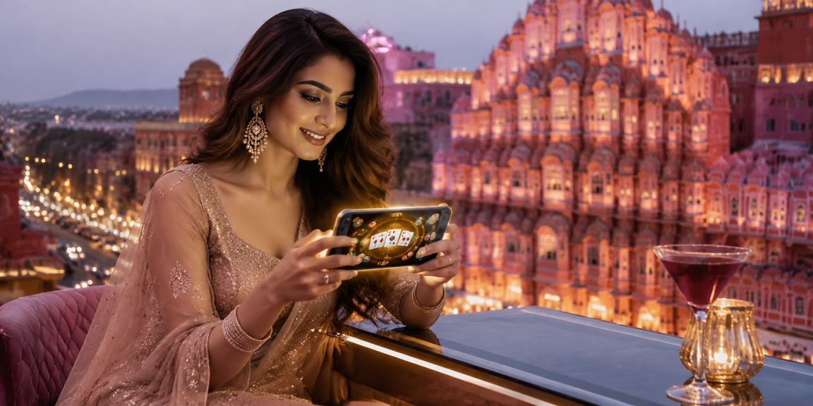 Young woman in Jaipur enjoying online Rummy and cricket betting on laptop