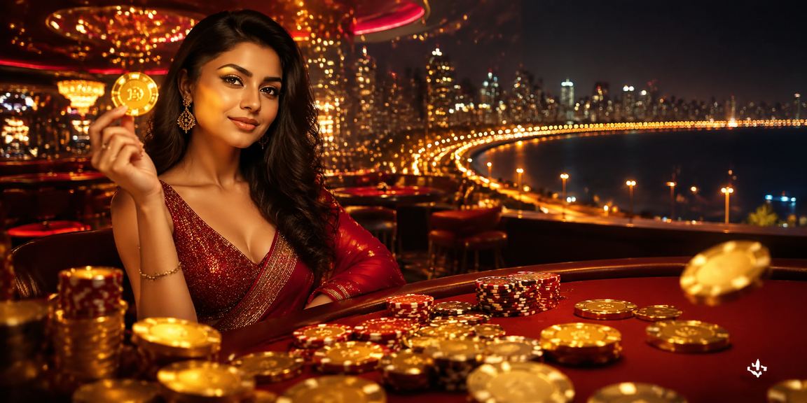 Teen Patti game players at Mumbai Marine Drive in traditional red and gold